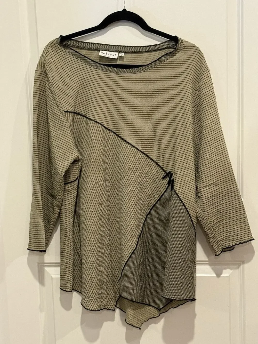 Habitat Tunic Top Green Striped Textured Chopstick Buttons Lagenlook Artsy XL - Picture 1 of 7